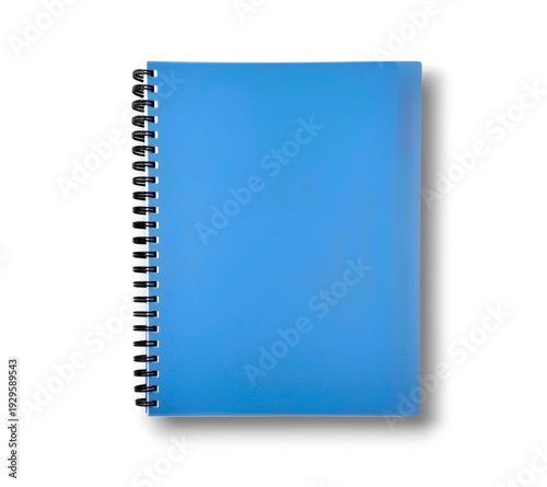 Konstfotografi Top view of a blue spiral notebook, isolated on white background.
