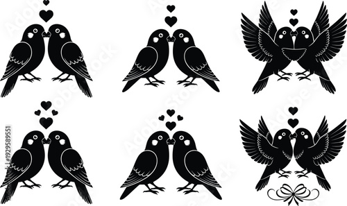 Love bird couple silhouette collection with hearts, romantic black and white vector illustration set for wedding and Valentine design