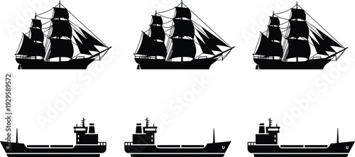 Black silhouette icons of vintage sailing ships with masts and modern industrial cargo vessels isolated on white background for nautical logistics and maritime transport