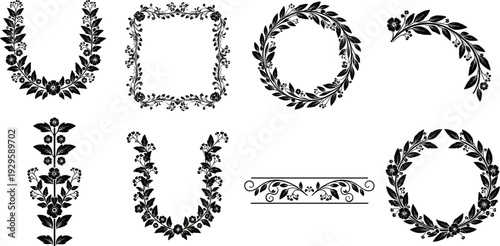 Vintage floral wreath and ornamental frame set with decorative botanical border design elements