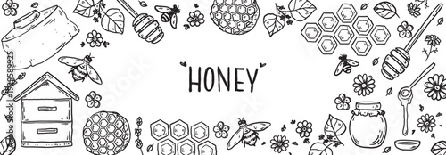  Hand drawn honey sketch. Doodles set. Hand drawn vector illustration for packaging design. Honeycomb, bee, flowers, jar of honey frame. Honey quirky icons, simple sketch style. Minimalist line art.
