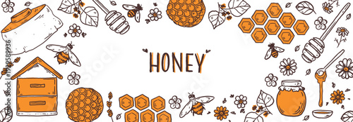  Hand drawn honey sketch. Doodles set. Hand drawn vector illustration for packaging design. Honeycomb, bee, flowers, jar of honey frame. Honey quirky icons, simple sketch style. Minimalist line art.