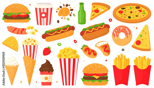 Assorted colorful food illustrations including burgers, hot dogs, and ice cream isolated on transparent background