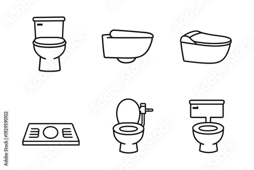 Line art toilet icon set featuring various clean toilet designs for hygiene, sanitation, and bathroom concepts 
