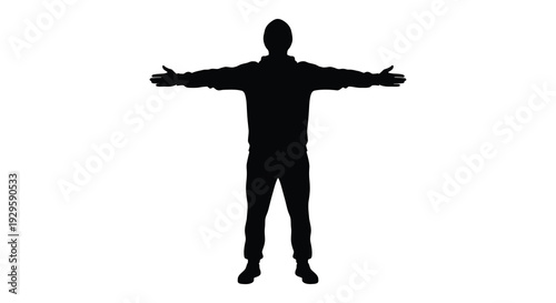 A stark black silhouette of a person with arms outstretched against a plain white background conveying openness and freedom silhouette