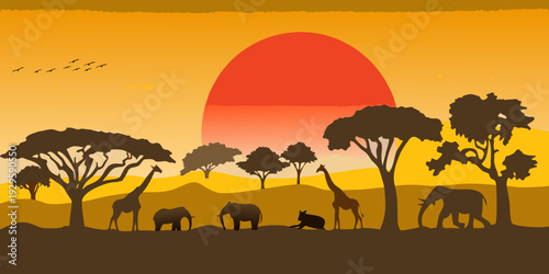 African savanna scene with silhouetted wildlife at sunset