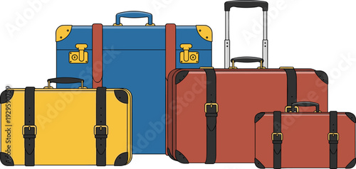 Collection of vintage travel suitcases in various colors and sizes featuring classic leather straps and handles isolated on white background.