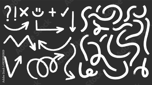 Collection of hand-drawn white arrows, chalk style doodle arrow pointers on dark background, Vector illustration EPS 10