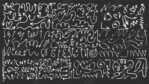 Collection of hand-drawn white arrows, chalk style doodle arrow pointers on dark background, Vector illustration EPS 10