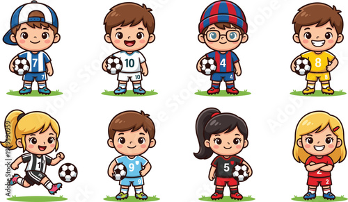 Children soccer vector illustration with diverse kids in colorful uniforms playing with footballs—ideal for sports artwork, school branding, lifestyle design and youth team projects