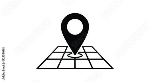 A stark black silhouette of a map marker positioned atop a grid patterned map symbolizing location awareness high quality professional
