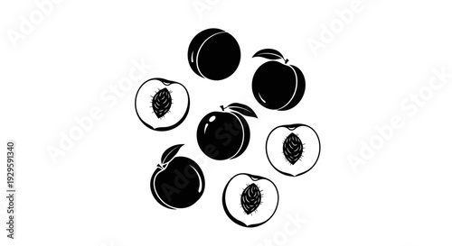 Black and white illustration of peaches with leaves on a plain background