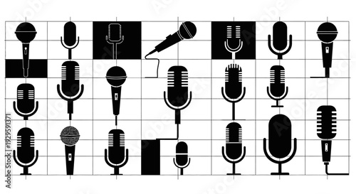Collection of various microphone types on a grid background for audio equipment and music concept