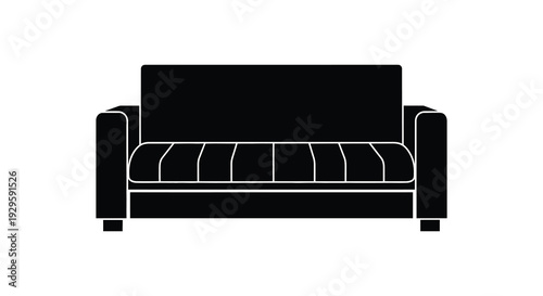 A minimalist depiction of a modern sofa rendered as a stark black shape against a white background silhouette