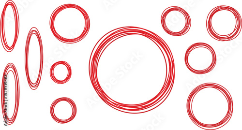 Set of hand drawn red pencil sketch circles and oval frames isolated on white background for highlighting text and designs.