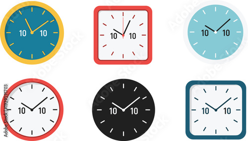 Set of modern wall clock icons in various shapes and colors featuring round and square designs for time management concepts.