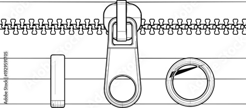 Close up zipper line art illustration showing slide fastener mechanism metal teeth pull tab and slider details for fashion design garment manufacturing and sewing vector