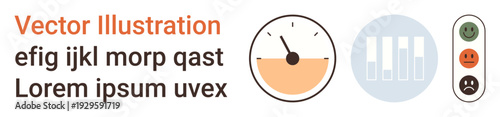 Data analytics, user experience, interface design, performance metrics, sentiment analysis, monitoring. Gauge meter, bar chart and happy scale visuals. Analytics and user experience concept