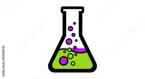 Laboratory Erlenmeyer Flask with Green and Purple Liquid and Bubbles.