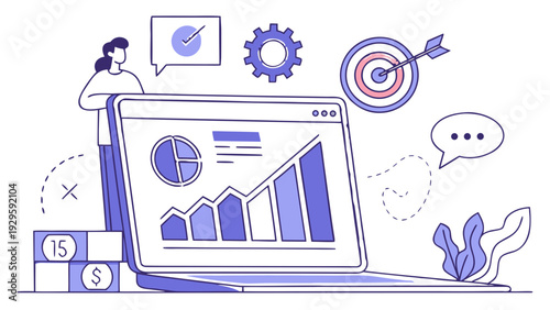 Business professional analyzing data on laptop with target and growth charts