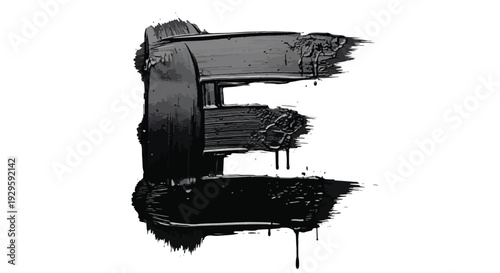 Stylized black letter E created with thick, textured paint strokes and drips on a white background, artistic grunge alphabet design element.