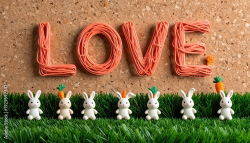 Love Wire Sculpture with Cute Bunny Figurines and Carrots on Artificial Grass for Festive Celebration
