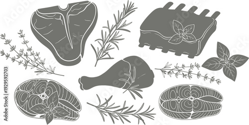 Illustration of various cuts of meat and herbs