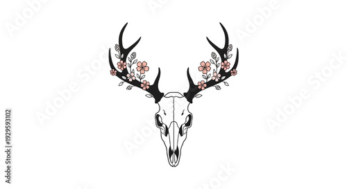 Deer Skull with Floral Antlers Illustration.