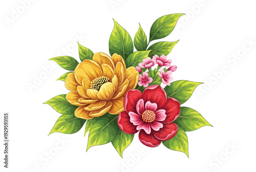 Colorful bouquet of flowers with green leaves on white background