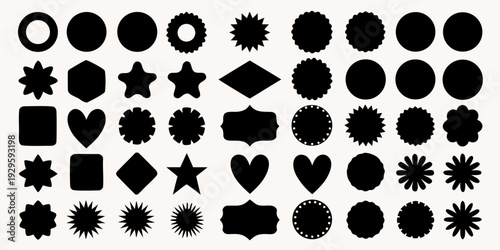 Collection of various black geometric shapes and starburst designs