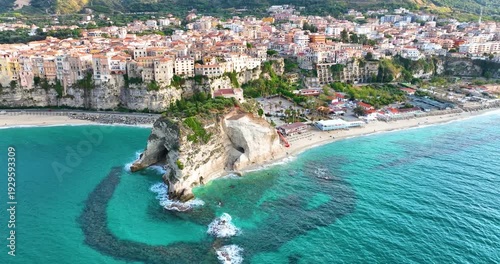 Aerial Drone View of Tropea Calabria Italy with Cliffside Coastline and Turquoise Sea