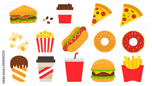 Assorted fast food items displayed in a colorful and playful manner isolated on transparent background