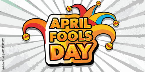 Festive april fools day graphic with colorful jester hat and text