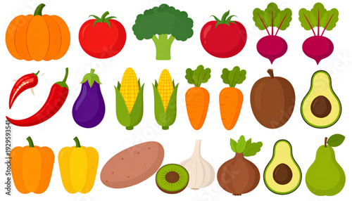 A vibrant and diverse collection of colorful fruits and vegetables isolated on transparent background