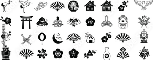 Japanese traditional black icon set with cultural symbols flowers fans and decorative New Year elements collection