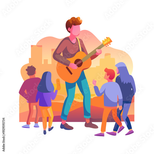 Street Musician Performing at Sunset – Urban Art Vector