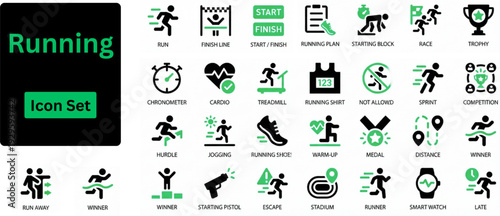 Silhouette vector of Running icon set. Icons of sport, marathon, runner, race, finish line, treadmill and more. Solid icons set.