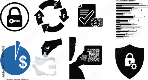 Solid Silhouette Mobile Banking Icons – Abstract Finance Icons, White Background, Transparent