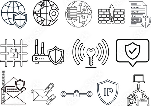 Black and White Line Icons for Cybersecurity and Network Security Concepts