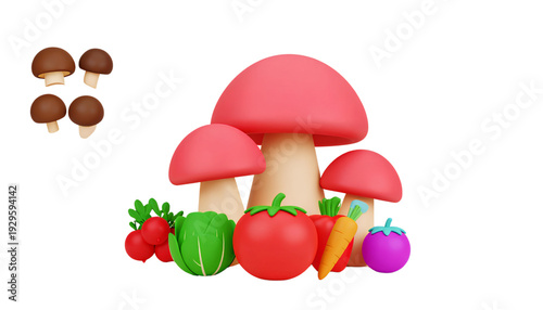 Colorful cartoon mushrooms and fruits in a whimsical forest scene isolated on transparent background