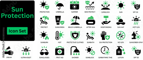 Silhouette vector of Sun Protection icon set. Icons of sunhat close-up, shaded face, sun rays, UV protection symbol, outdoor. Solid icons set.