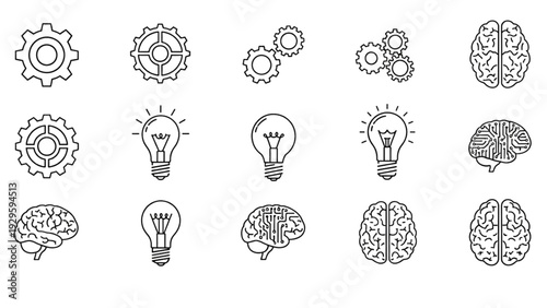 Minimalist brain and logic line art icon set for innovation and critical thinking