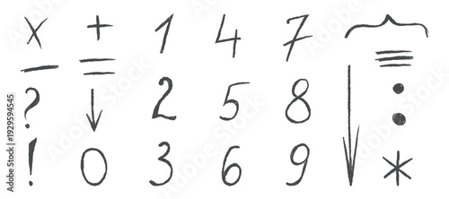 Hand drawn doodle elements. Handwritten line sketch of arrow, numbers, underlines, symbols in pen brush style. Crayon icon set. Isolated vector illustration for journal, poster, collage.