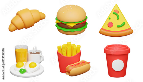 Assorted food items including a burger, fries, juice, and a sandwich. isolated on transparent background