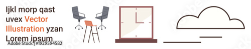 Workplace setup, office interior, furniture, time management, connectivity, modern workspace tools. Three elements include chairs, a clock and a cloud design. Office interior and workplace setup