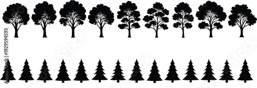 Large collection of black deciduous and evergreen tree silhouettes isolated on white background, forest nature elements for landscape design, environmental projects, and botanical graphics.