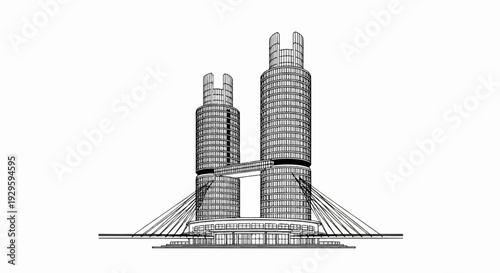 A detailed pen-and-ink sketch of a twin-towered building connected by a skybridge