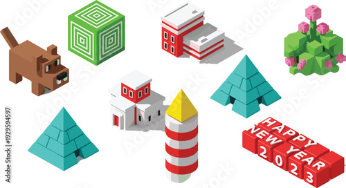 Isometric Happy New Year 2023 elements with buildings trees dog and festive decorative objects collection