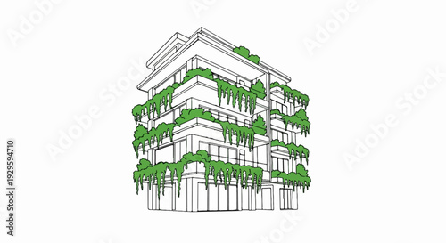 Multi-story building with lush green plants cascading from balconies and rooftops