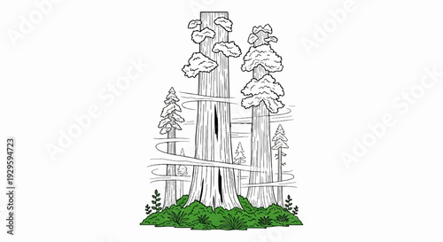Stylized drawing of tall evergreen trees with wispy clouds and green foliage